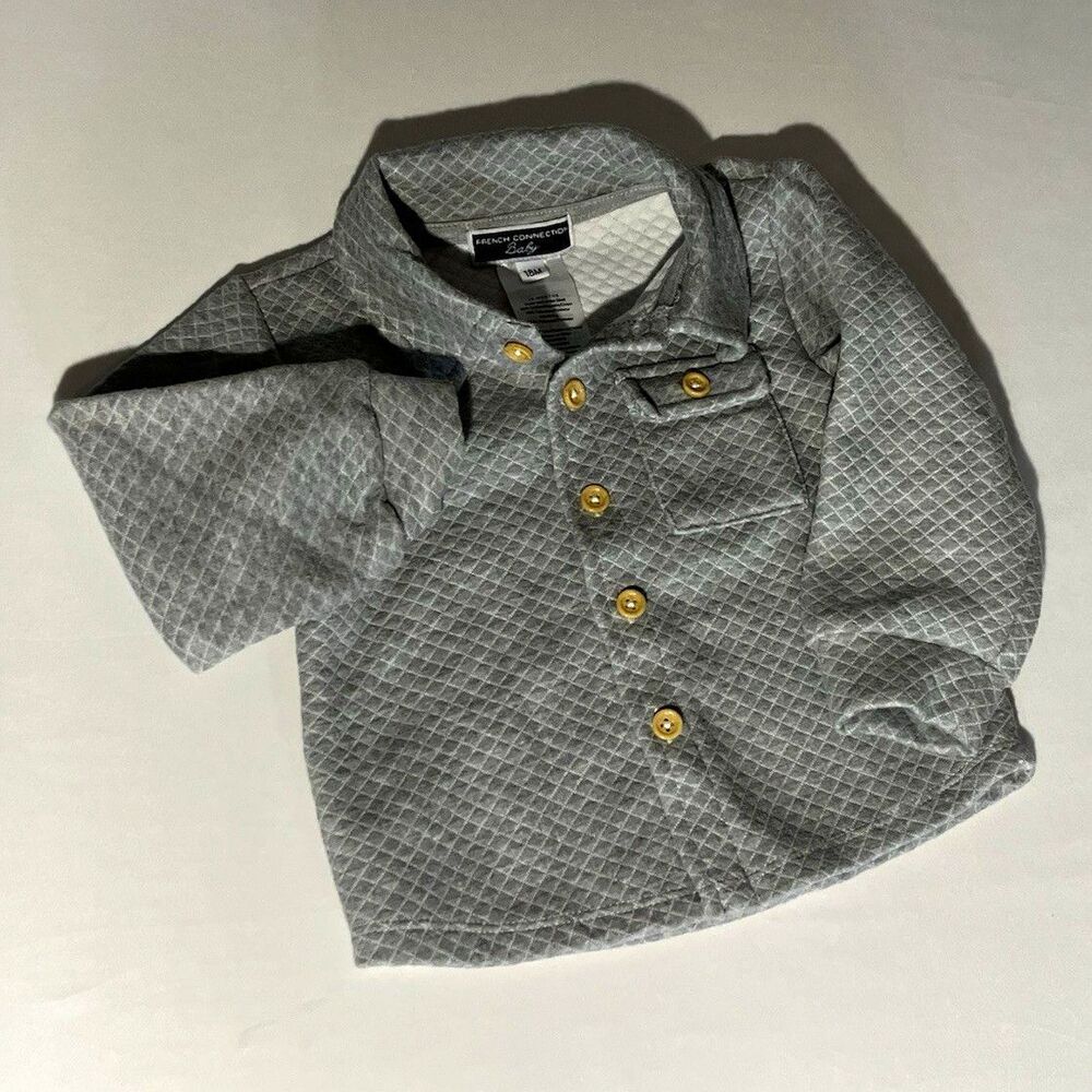 French Connection 12-18M Gray Geometric Long Sleeve Collared Polo Shirt